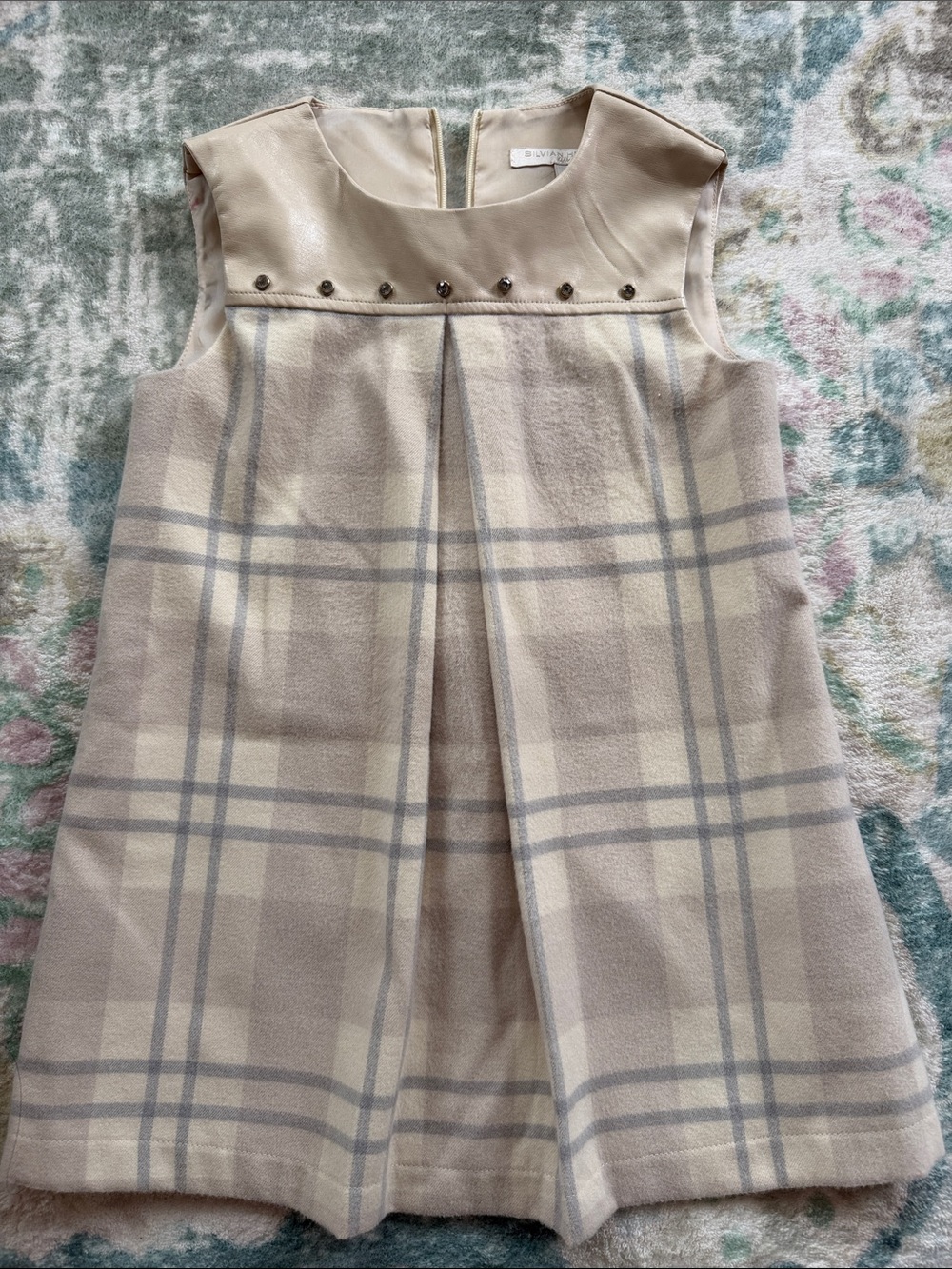 Girls Cream Plaid Sleeveless Dress with Studded Yoke